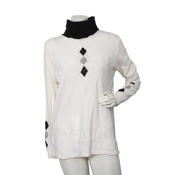 Vintage Anna D. Cashmere Wool Sweater Argyle Turtleneck Pullover Diamond Cream - Picture 10 of 10